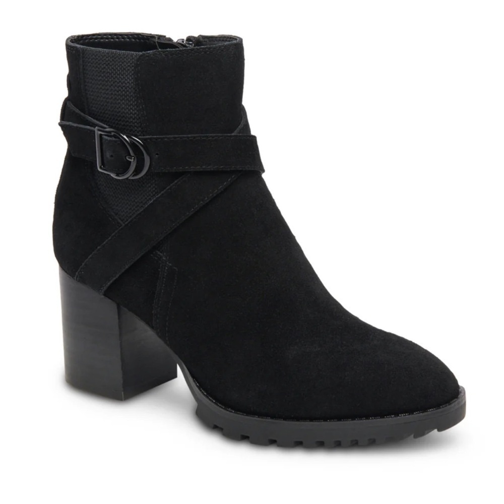 Blondo Tamzin Waterproof Block Heel Black Suede Ankle Boots with Buckle Detail